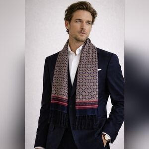 QINREN Double-Faced 100% Silk Satin Scarf Fringe Navy Red Medallion 52x11in